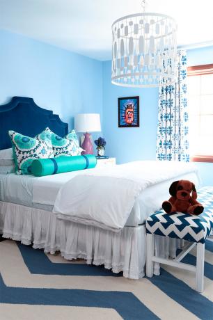 Foto av ett sovrum i blå nyanser