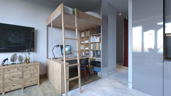 Studio 28 m² i en ny byggnad med ett kontor och ett sovrum loft