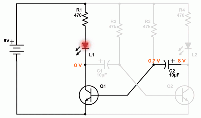 Höger från spänningen hos kondensatorn C2 når snabbt 7-8, när LED-lampor till vänster.
