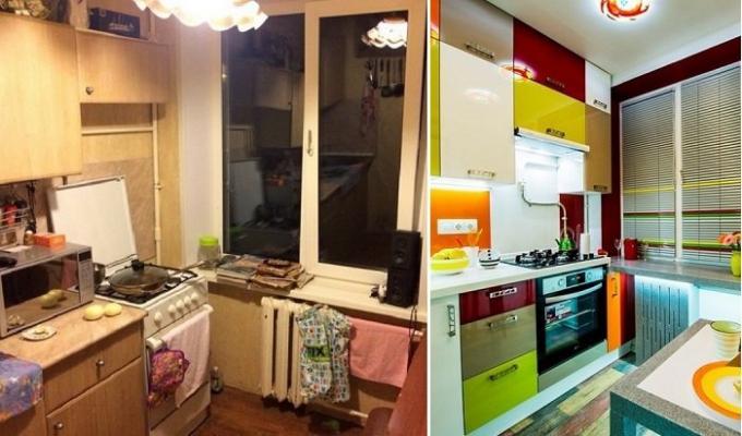 Köket i "Chrusjtjov" före och efter reparationer.