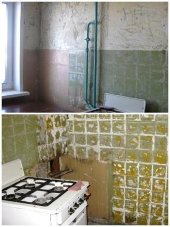 Till att börja med genom alla möbler och rengöras väggarna i gamla plattor och tapeter. | Foto: youtube.com.