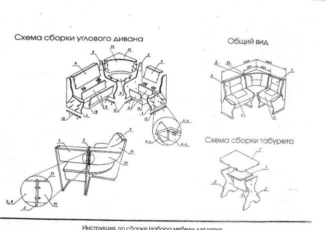 Instruktioner för montering av en uppsättning hörnmöbler till köket.