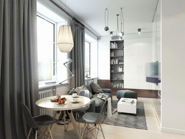 Modern lägenhet 32 ​​m² med glasväggar och en säng