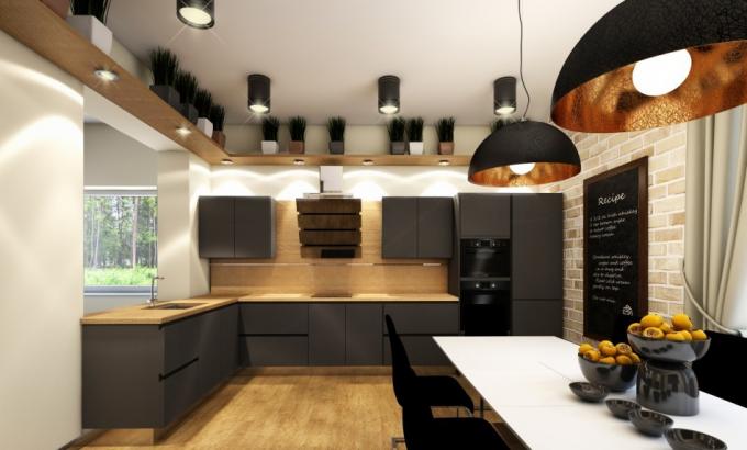 Svarta tavlan i ett loft-stil kök