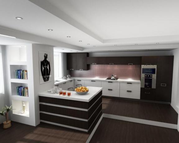 Användningen av moderna stilar är utbredd i inredningen i köket och vardagsrummet.