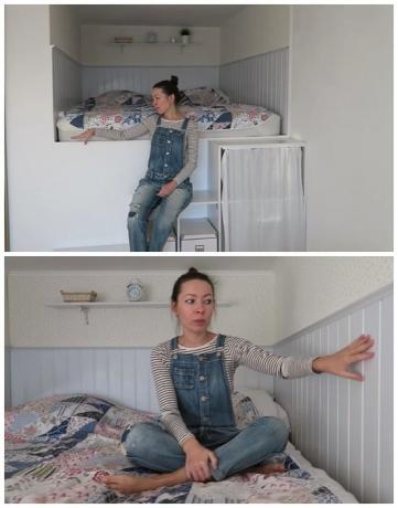 På en hög pallen i den bildade nisch flickan gjorde hon en riktig sovrum. | Foto: youtube.com.