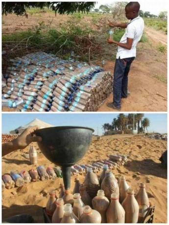 För att skapa originella tegelstenar i varje flaska var tvungen att hälla sand. | Foto: steemit.com.