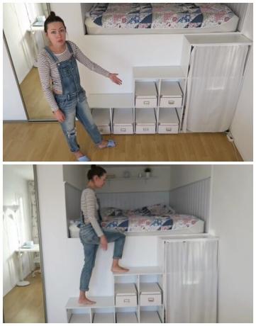 För att komma in en provisorisk sovrum behov av att klättra upp för stegen, hyllor. | Foto: youtube.com.